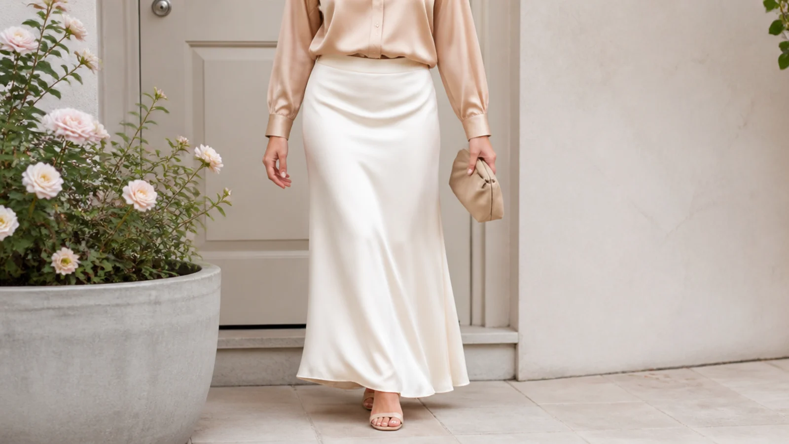 Faceless outfit with a beige satin blouse tucked into a cream satin maxi skirt with nude heels