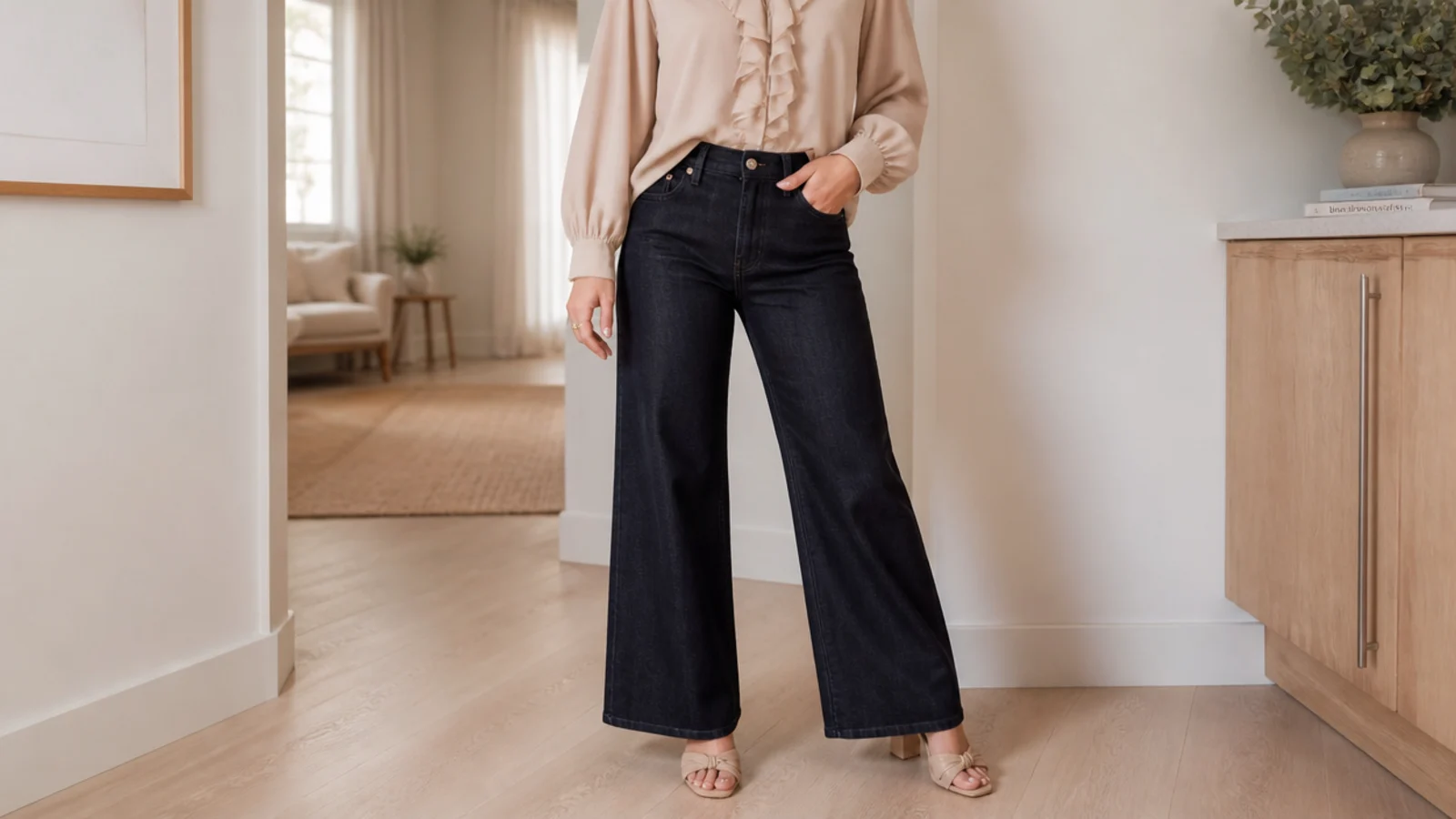 Faceless outfit with a beige ruffle-front blouse tucked into dark-wash wide-leg jeans with tan heels
