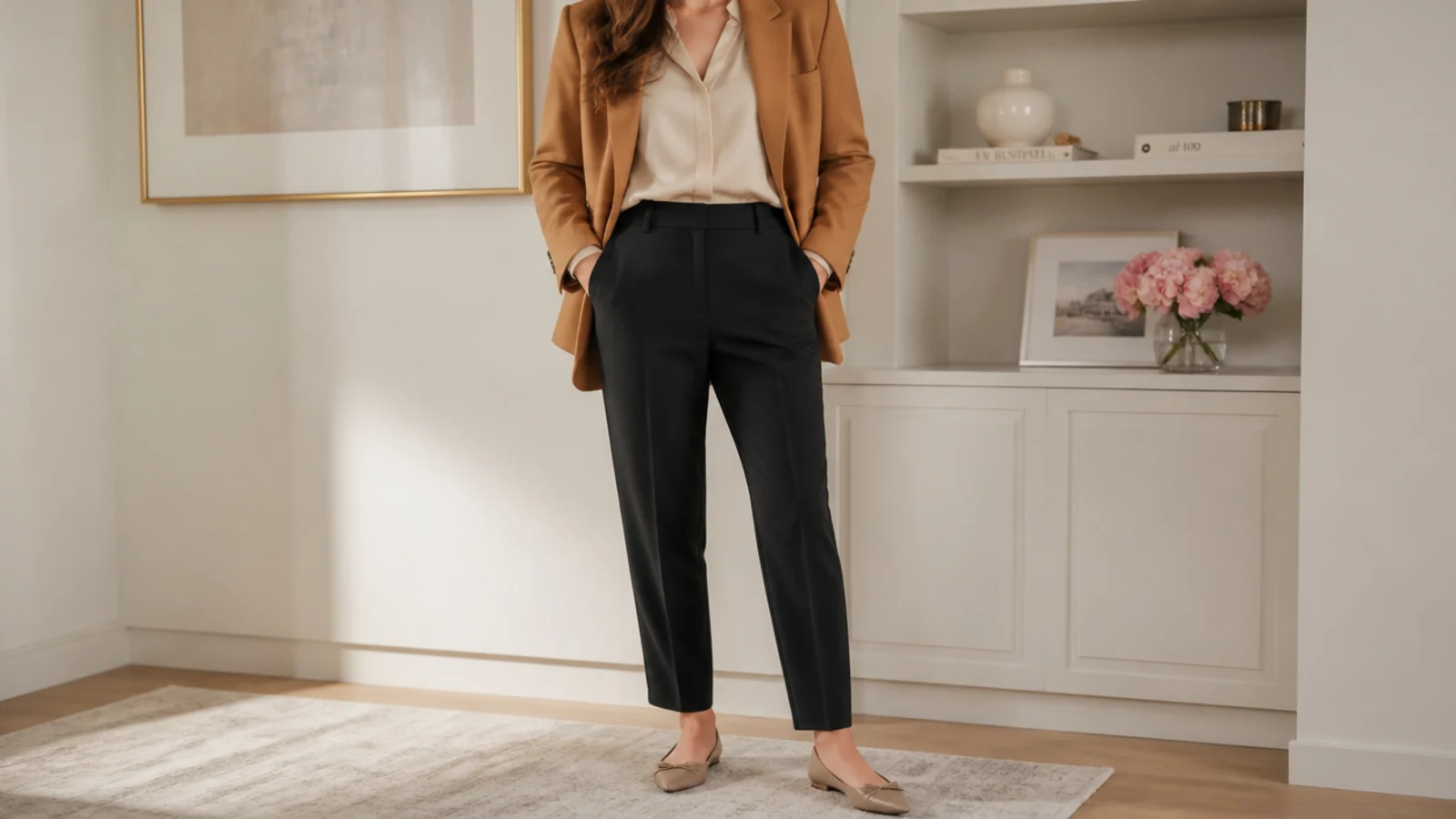 Faceless workwear outfit with a beige blouse under a camel blazer with tailored black trousers and pointed flats