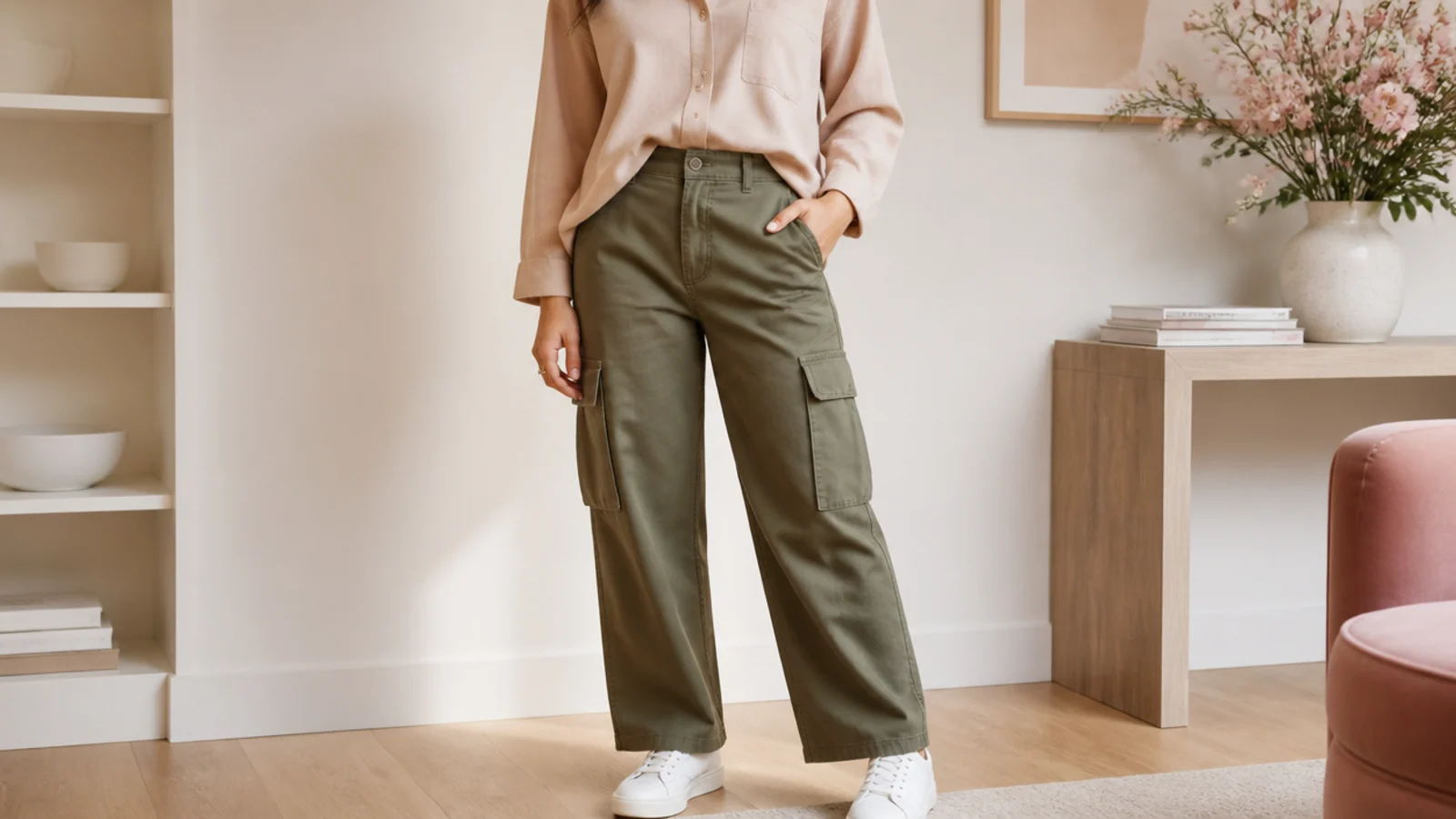 Faceless outfit with a beige button-down half-tucked into olive cargo pants with white sneakers