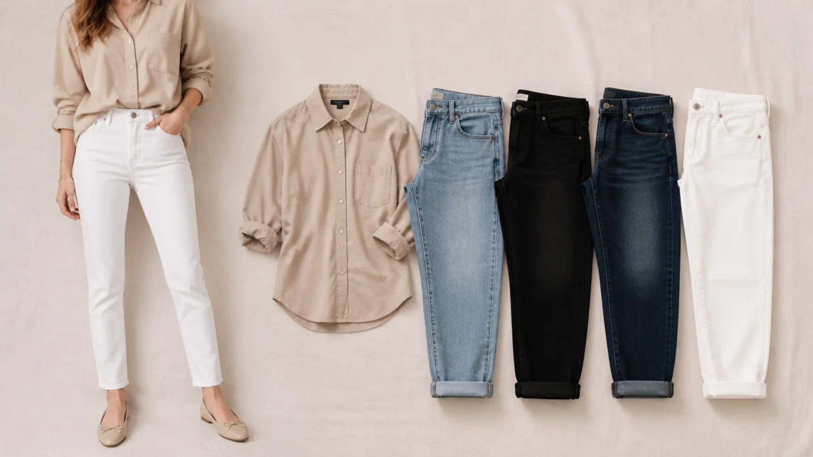Faceless flat-lay of a beige shirt beside blue, black, dark-wash and white jeans