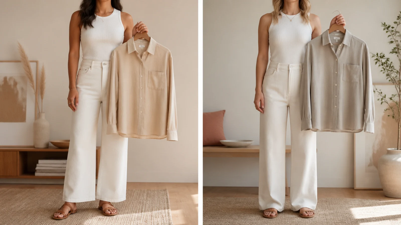 Faceless comparison of a warm sand beige shirt and a cool greige shirt held against different complexions