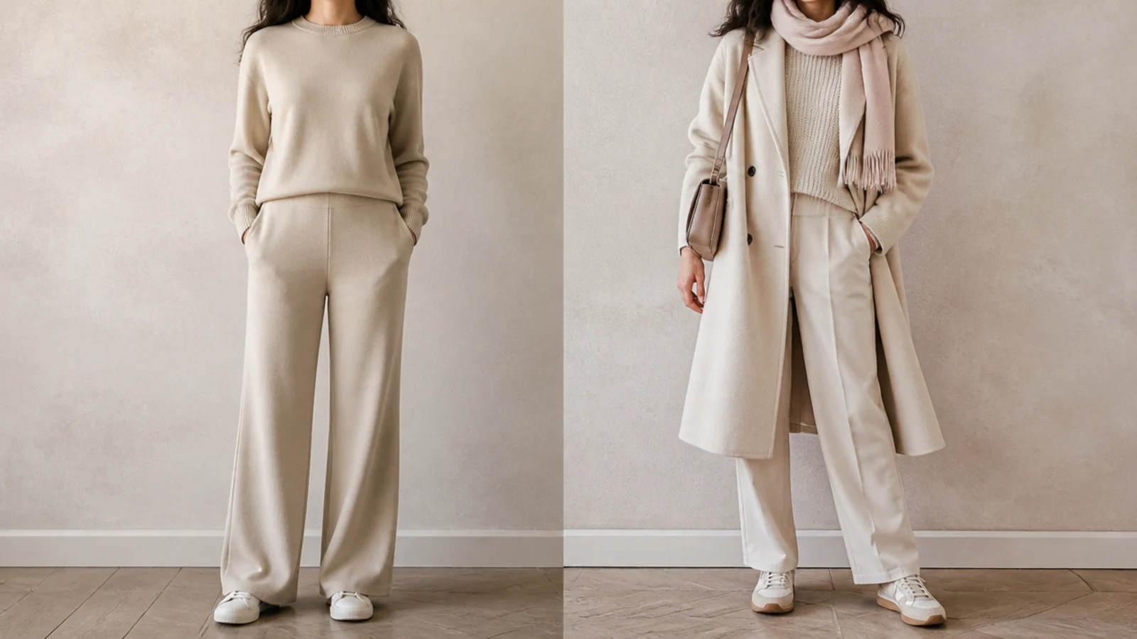 Faceless comparison of a flat single-texture beige outfit next to a layered multi-texture beige outfit