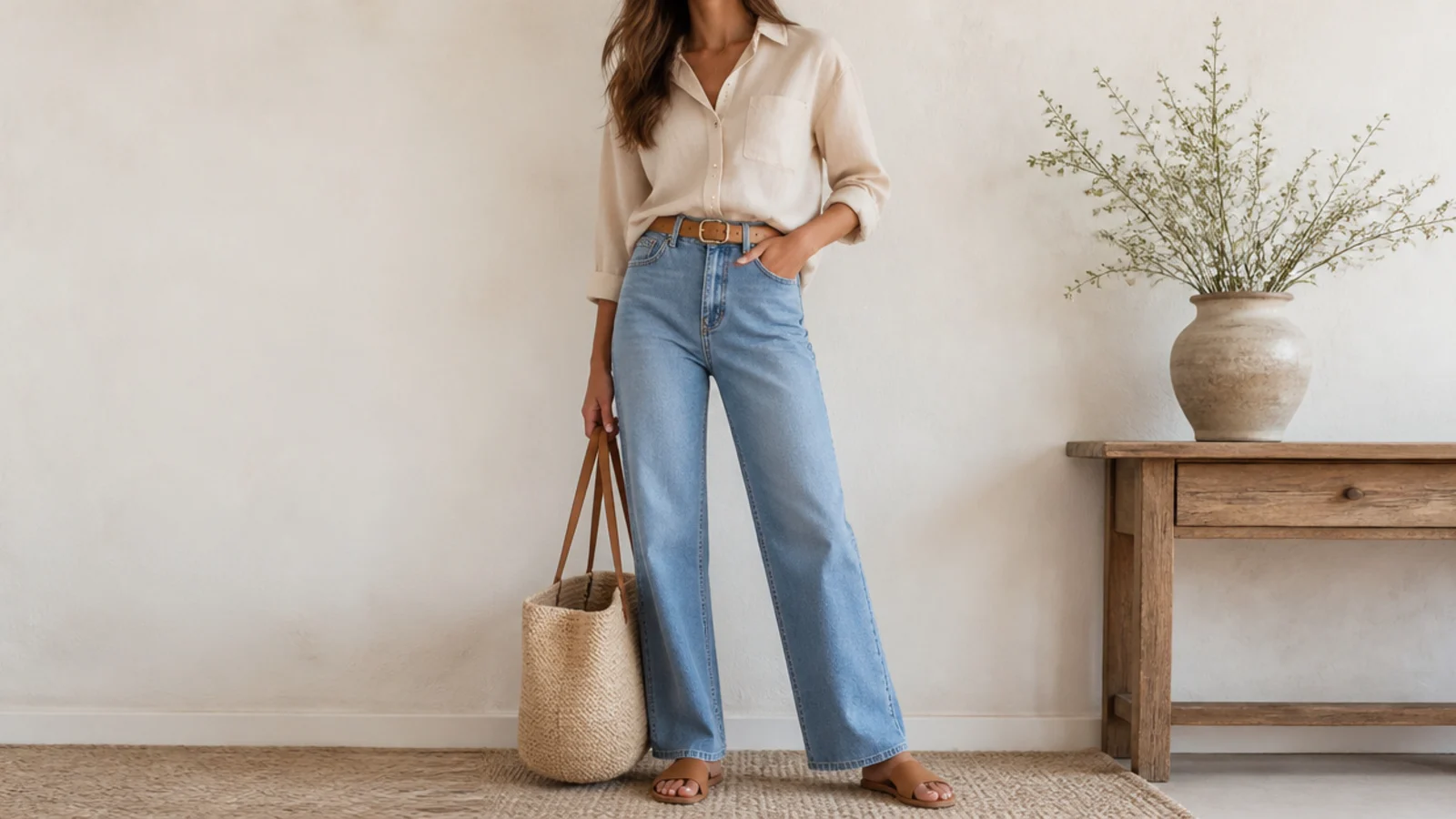 Faceless beige shirt outfit with a sand button-down, high-waisted jeans and a tan leather belt