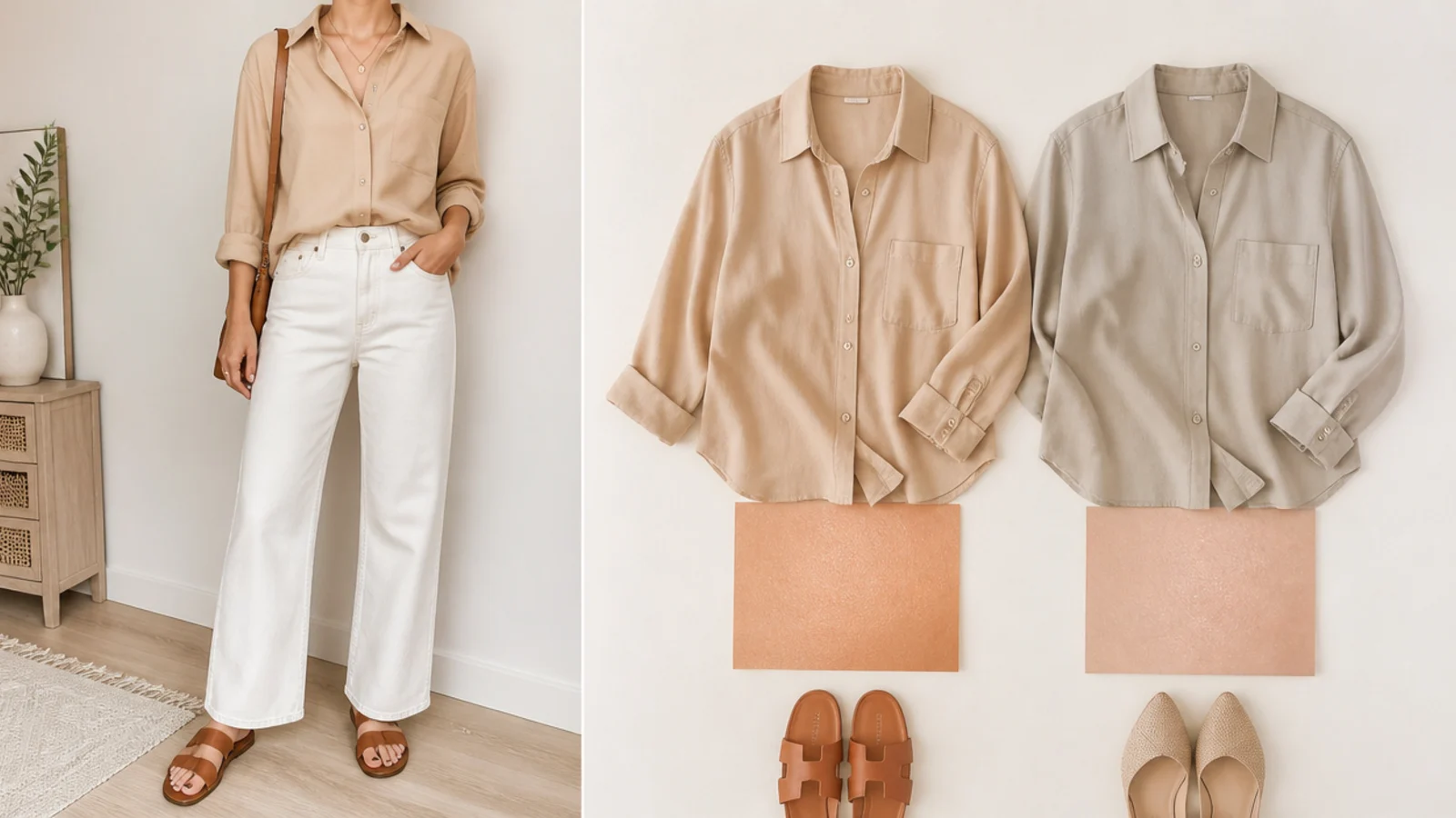 Faceless flat-lay comparing a warm sand beige shirt and a cool greige shirt against two skin-tone swatches