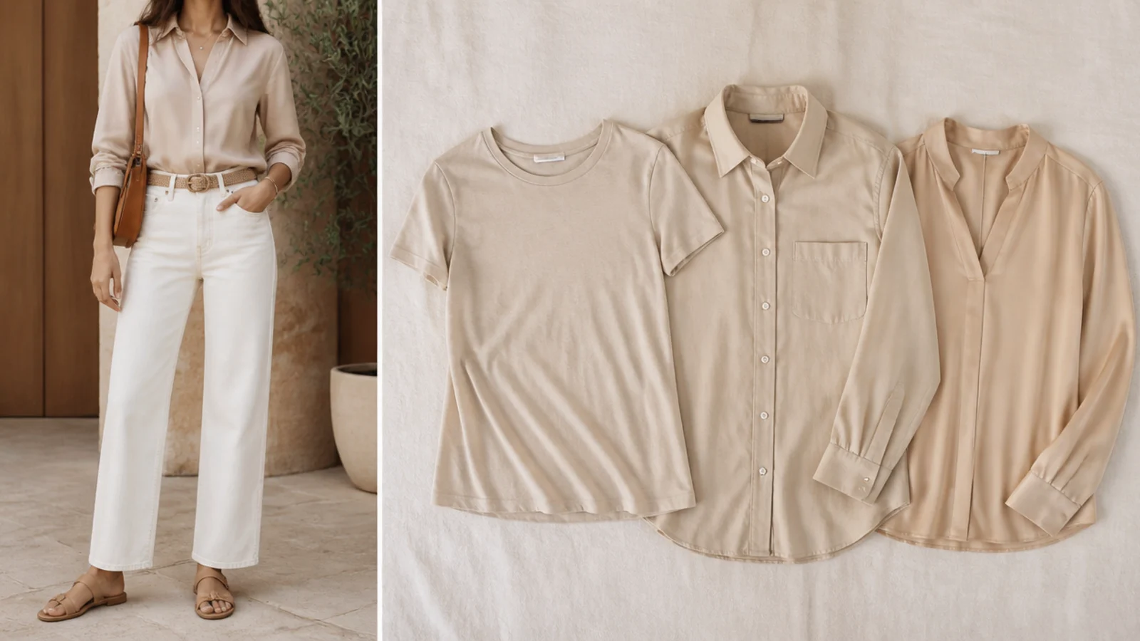 Faceless flat-lay of a beige cotton tee, a beige poplin button-down and a beige silk blouse side by side