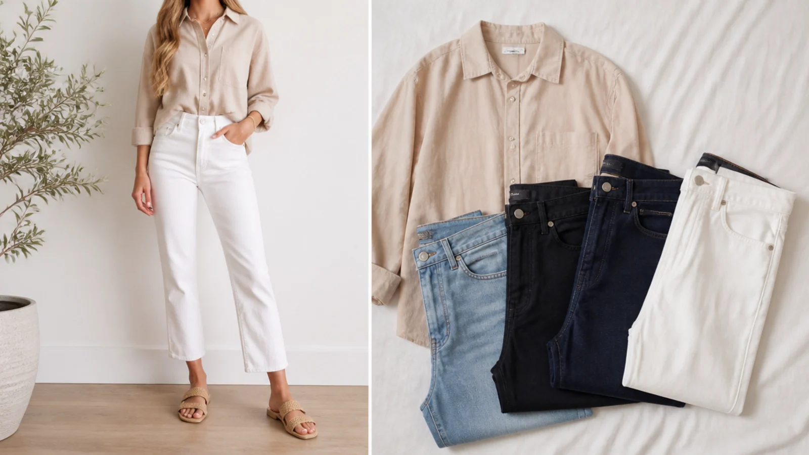 Faceless flat-lay of blue, black, dark-wash and white jeans laid beside a beige shirt