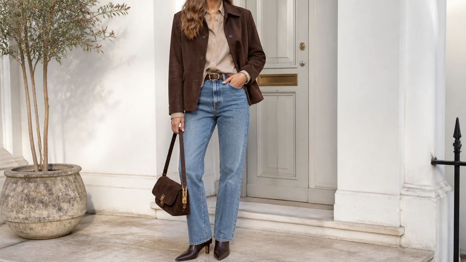 Faceless outfit adding a chocolate suede jacket over a beige shirt and jeans