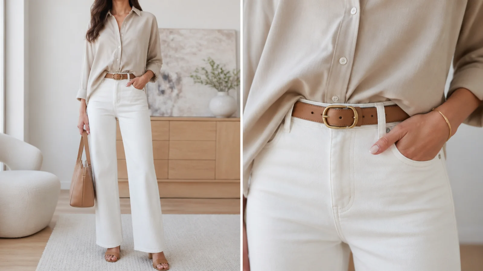 Faceless close-up of a beige button-down half-tucked into a high-rise waistband with a tan belt