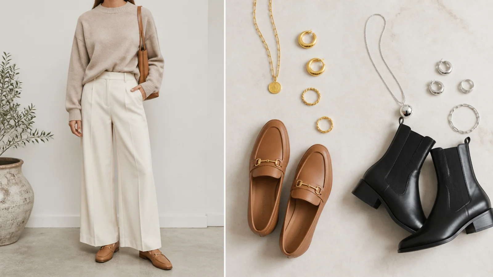 Faceless flat-lay of gold jewelry with tan loafers beside silver jewelry with black boots