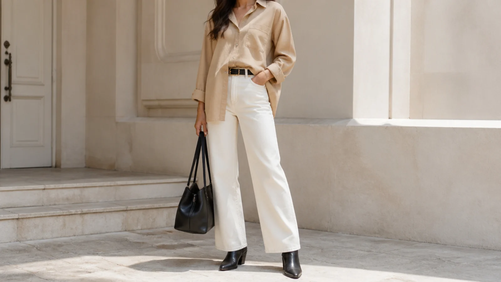 Faceless outfit with a beige shirt anchored by a single black leather bag and dark ankle boots