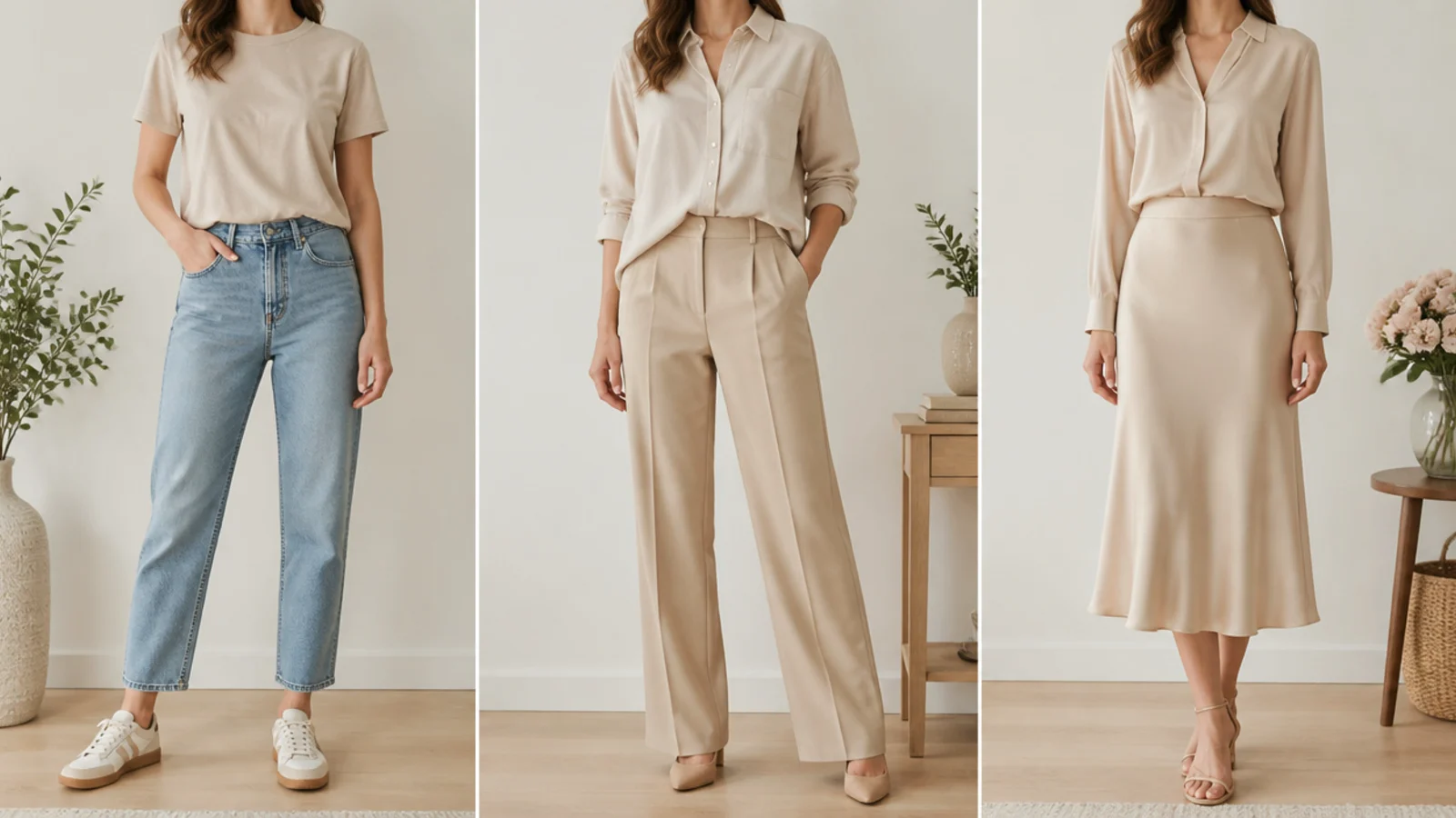 Faceless comparison of a beige tee with jeans, a beige button-down with trousers and a beige blouse with a skirt