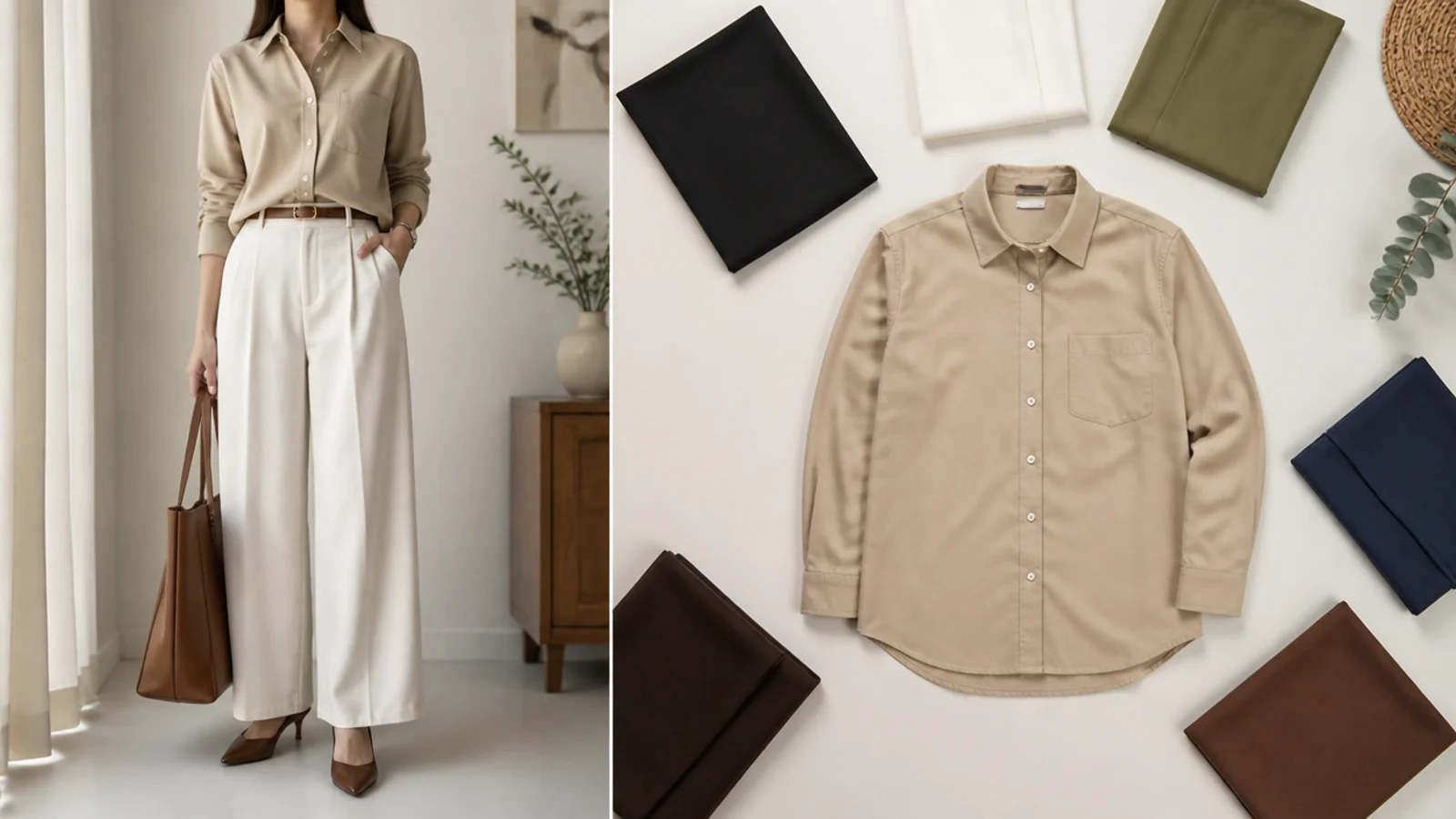 Faceless flat-lay of a beige shirt surrounded by black, white, olive, navy and chocolate-brown swatches