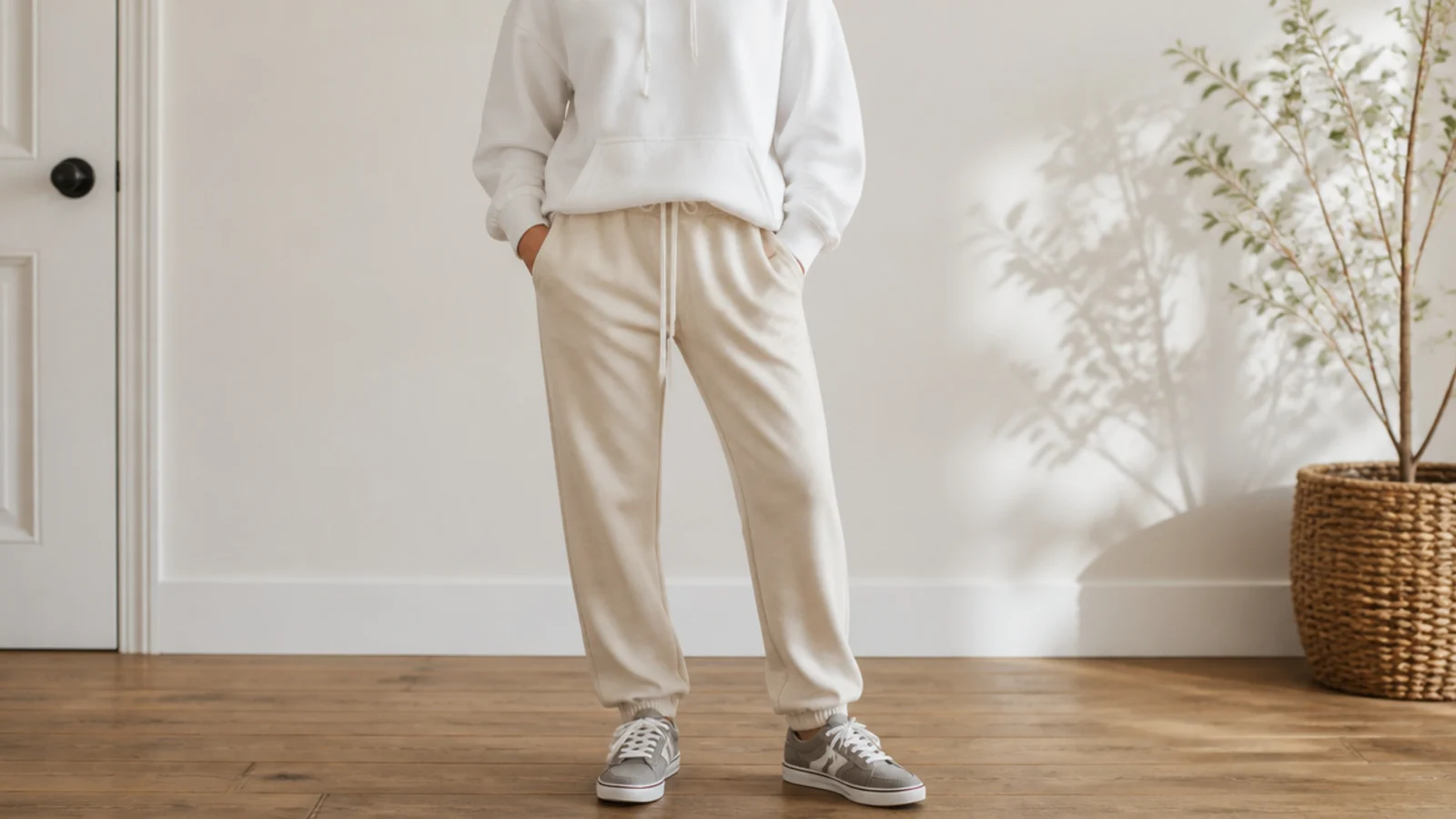 Faceless outfit with sand beige sweatpants, a crisp white pullover hoodie and gray low-top sneakers