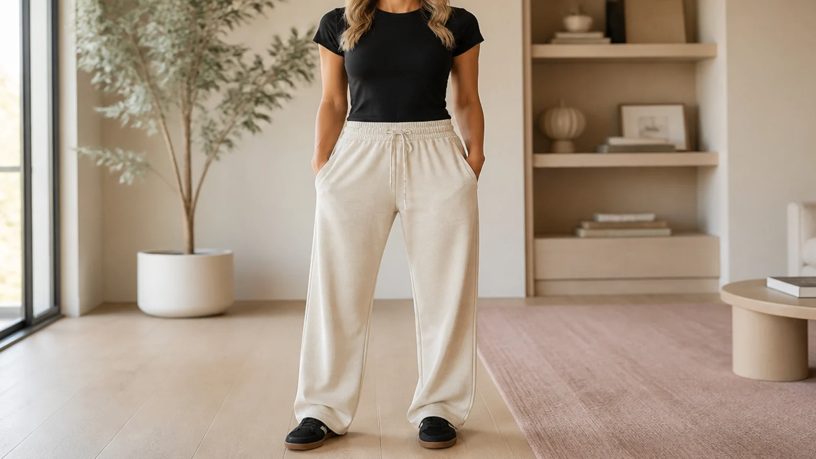 Faceless outfit with oatmeal beige sweatpants, a fitted black crew-neck tee tucked in and black sneakers