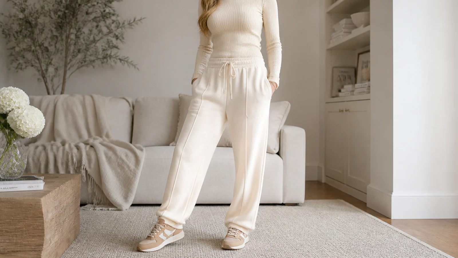 Faceless tonal cream outfit with cream sweatpants, a fitted cream ribbed knit top and tan sneakers