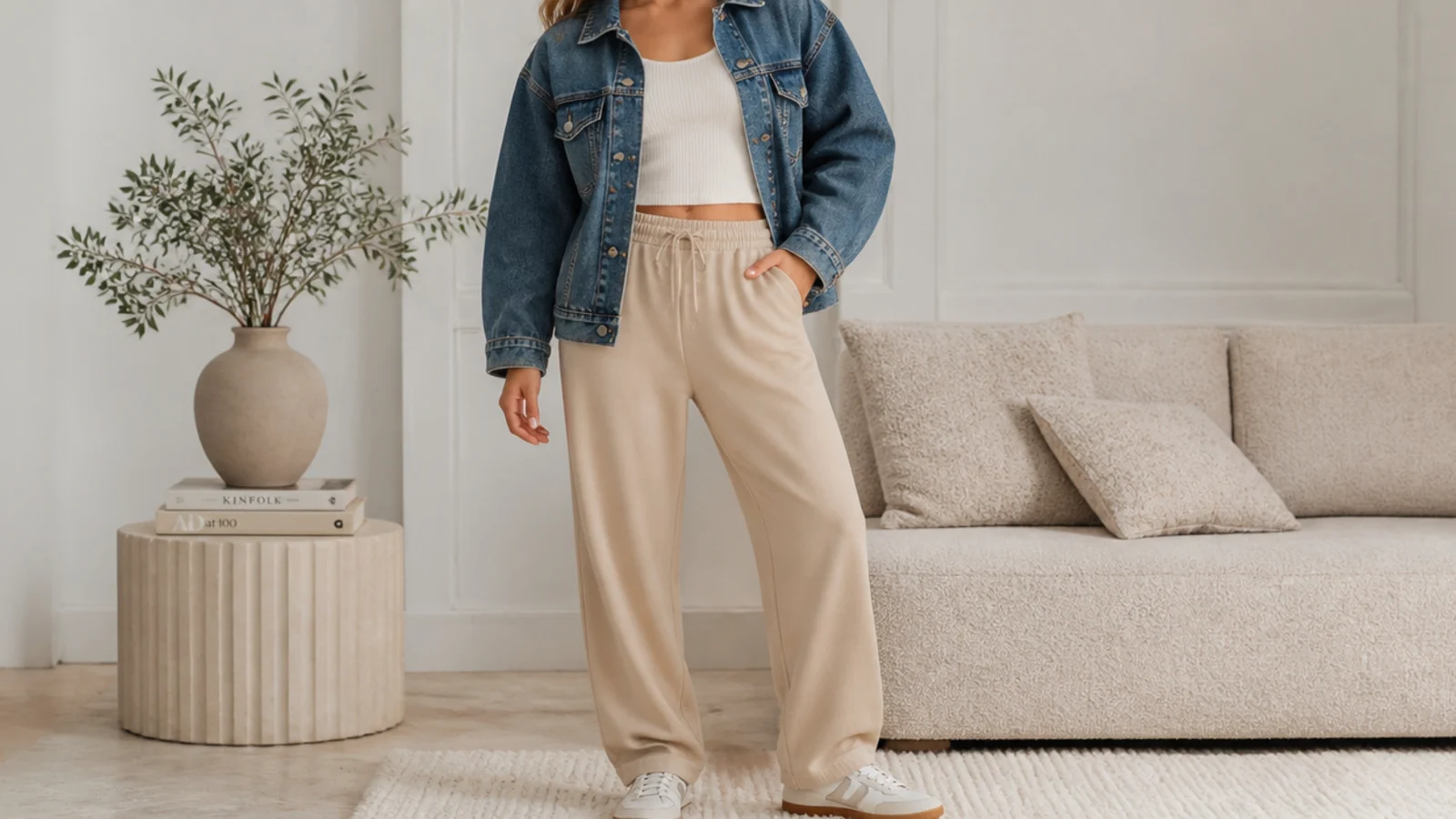 Faceless outfit with sand beige sweatpants, a white tank and an oversized mid-wash denim jacket