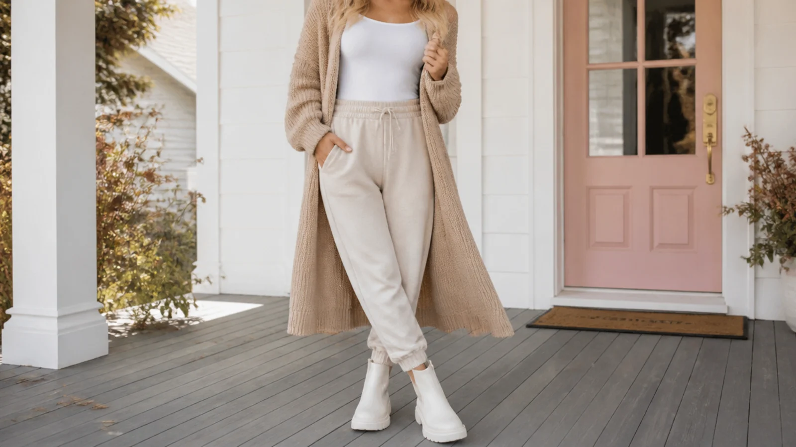 Faceless outfit with beige sweatpants, a fitted white tank and a long tan knit cardigan with white boots