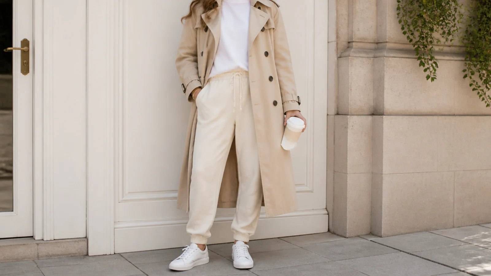 Faceless outfit with cream sweatpants, a white tee and a classic beige trench coat with white sneakers