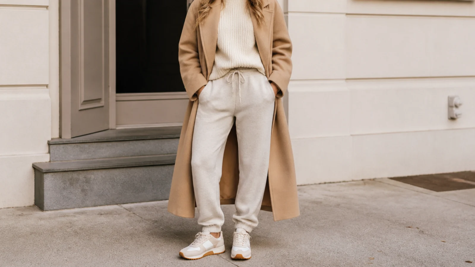 Faceless cold-weather outfit with oatmeal sweatpants, a cream knit and a long camel wool overcoat