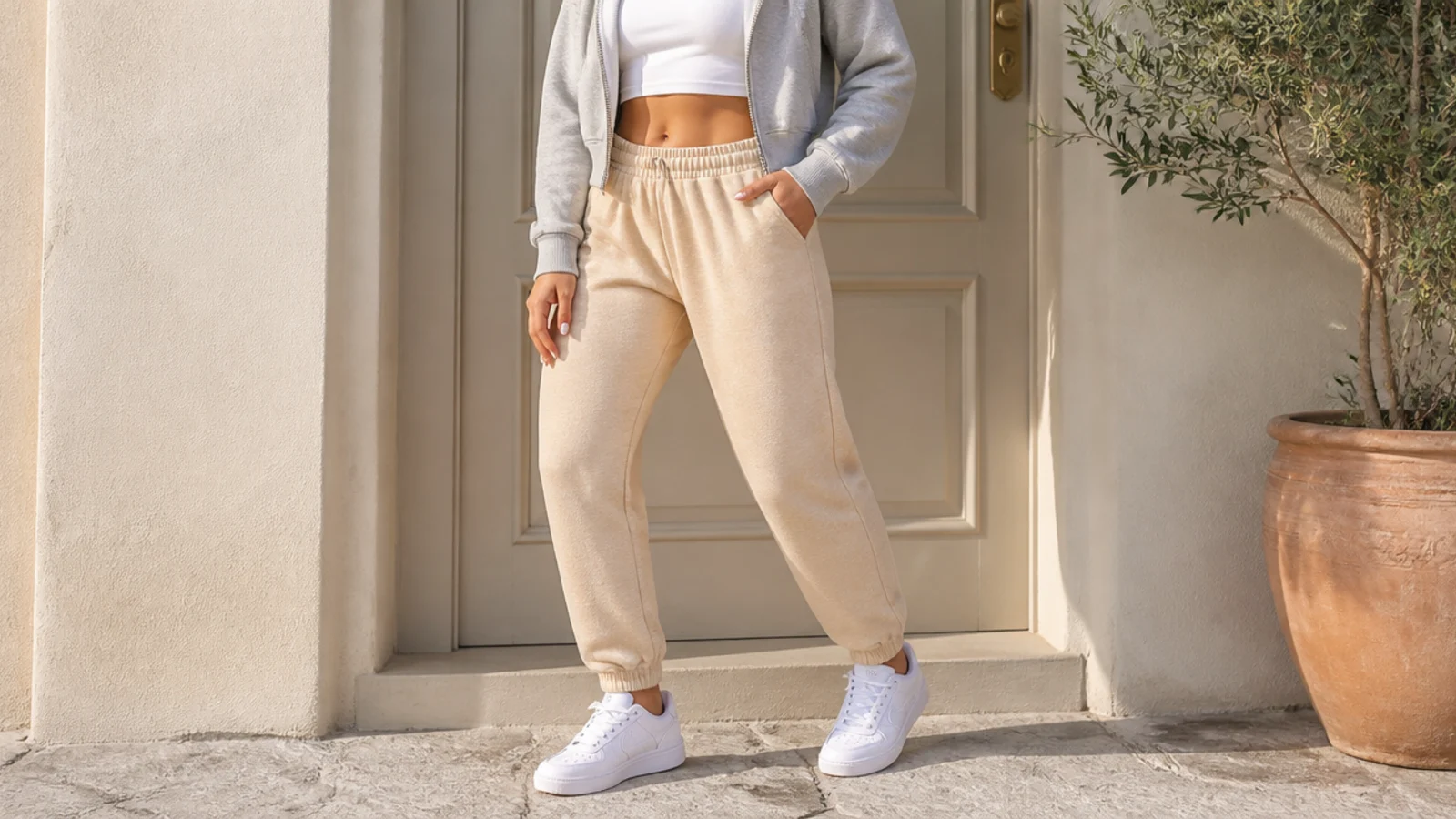 Faceless sporty outfit with beige sweatpants, a cropped gray zip hoodie showing the waistband and white sneakers