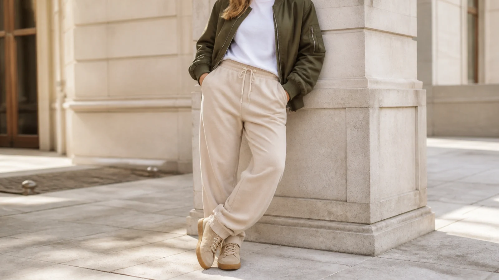 Faceless outfit with sand beige sweatpants, a white tee and an olive green bomber jacket with tan suede sneakers