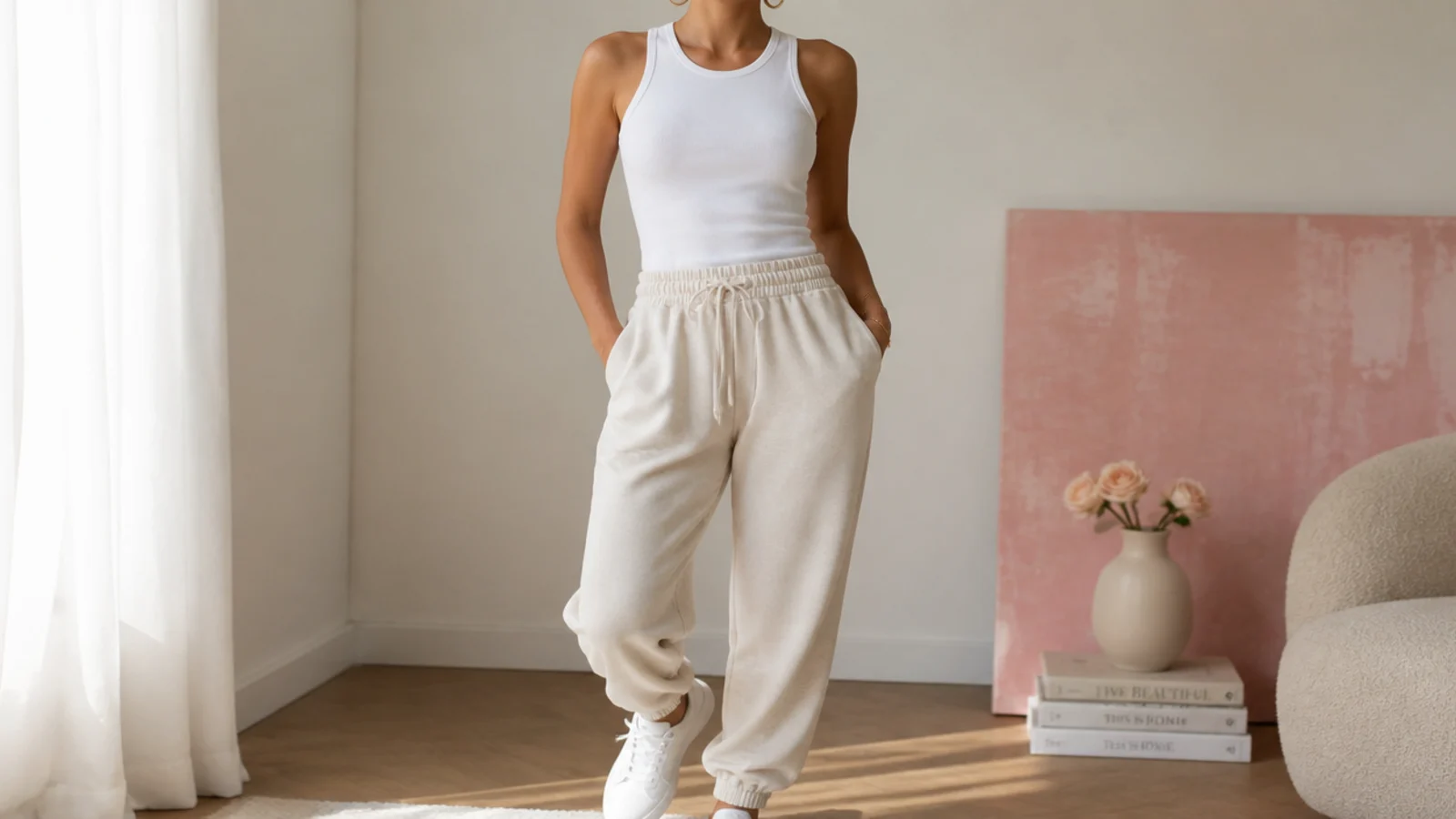 Faceless outfit with beige sweatpants, a fitted white tank, clean white leather sneakers and gold hoop earrings
