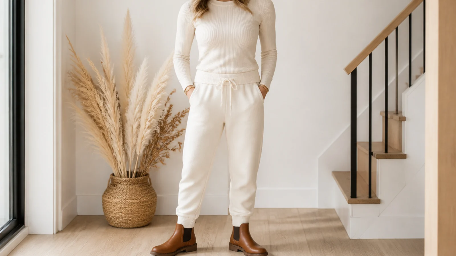 Faceless outfit with cream sweatpants tapered into tan leather Chelsea boots and a fitted cream knit