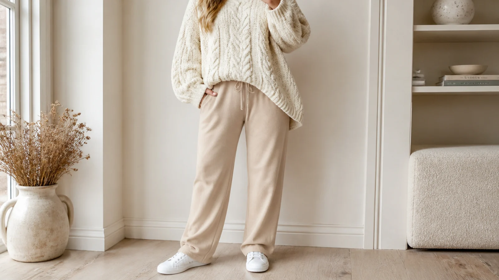 Faceless outfit with beige sweatpants, an oversized cream chunky cable-knit sweater and white sneakers