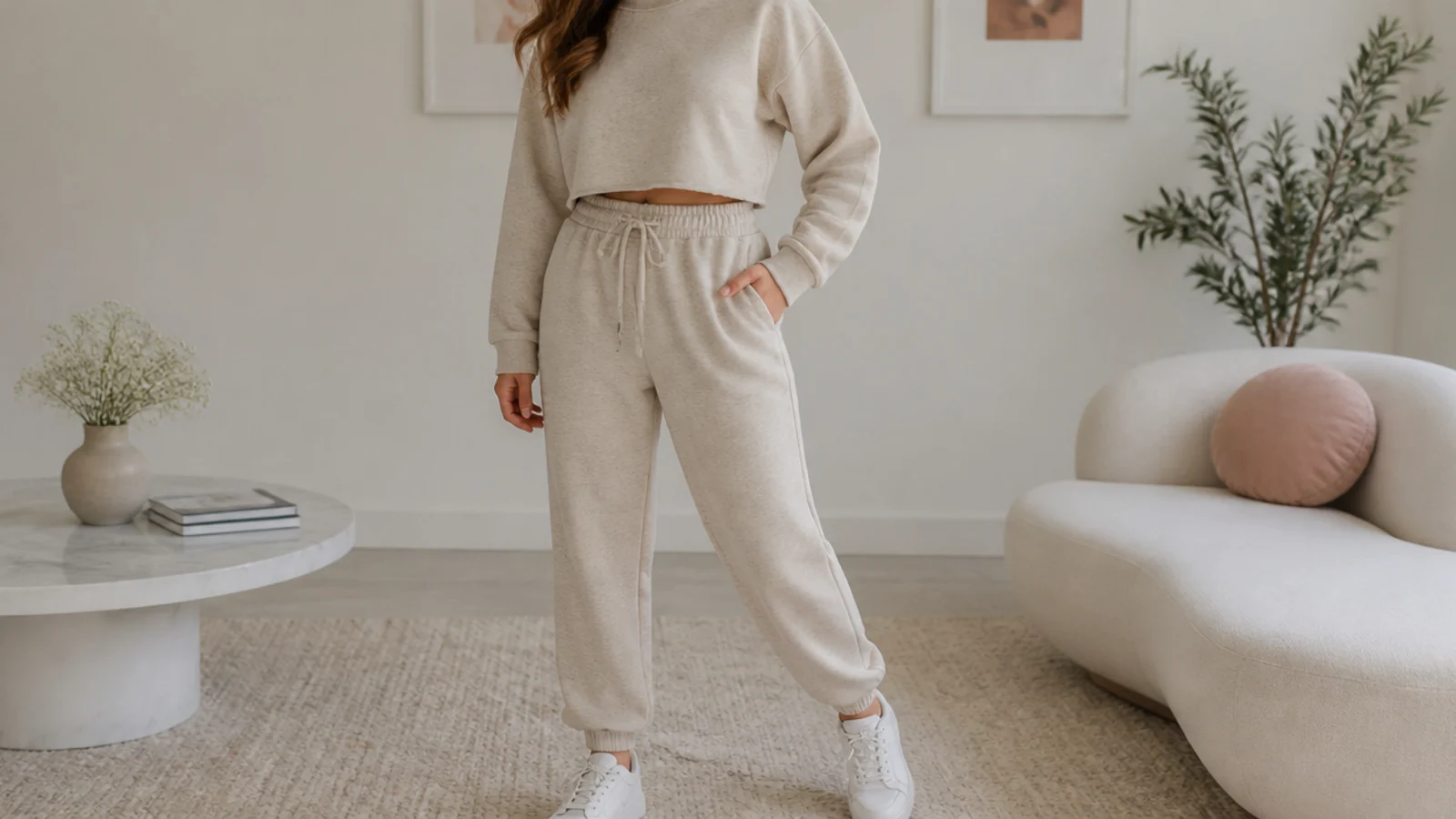 Faceless outfit with a matching oatmeal sweatsuit set, a cropped sweatshirt and matching joggers with white sneakers