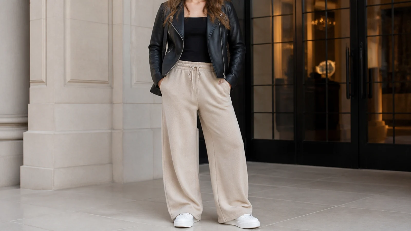Faceless evening outfit with beige sweatpants, a fitted black top and a black leather moto jacket with white sneakers
