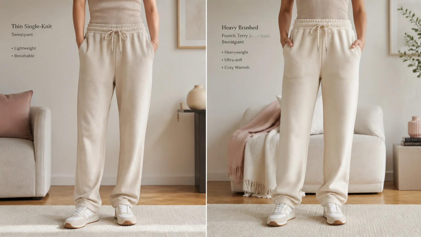 Faceless close-up comparing a thin single-knit beige sweatpant against a heavy brushed French terry beige sweatpant
