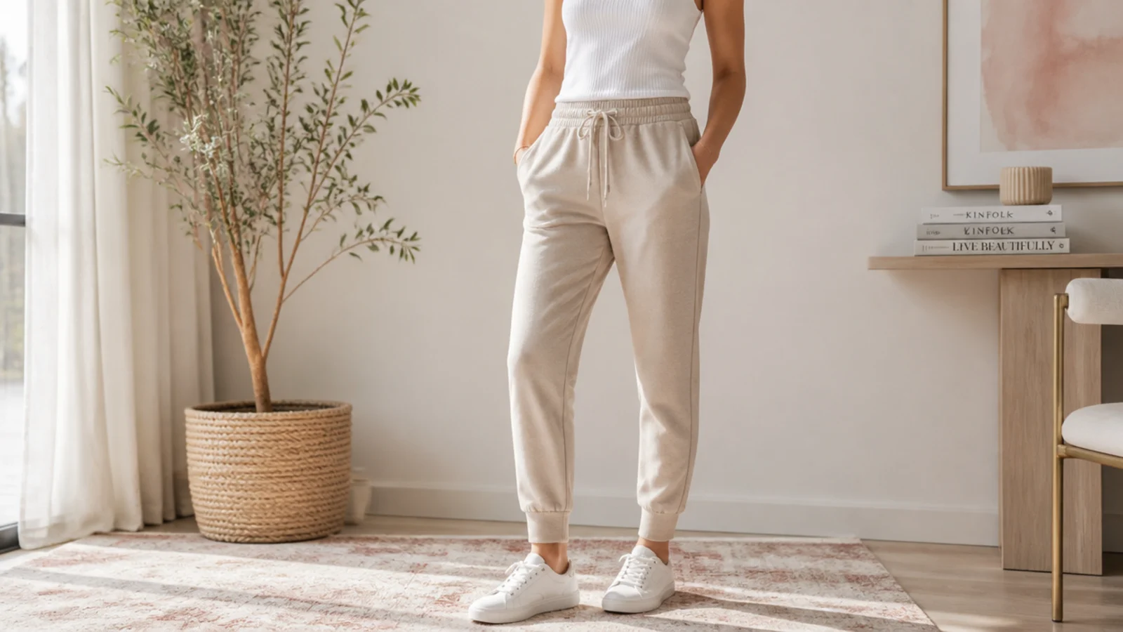Faceless outfit showing a fitted tucked tank, a tapered ankle and clean sneakers styling beige sweatpants neatly
