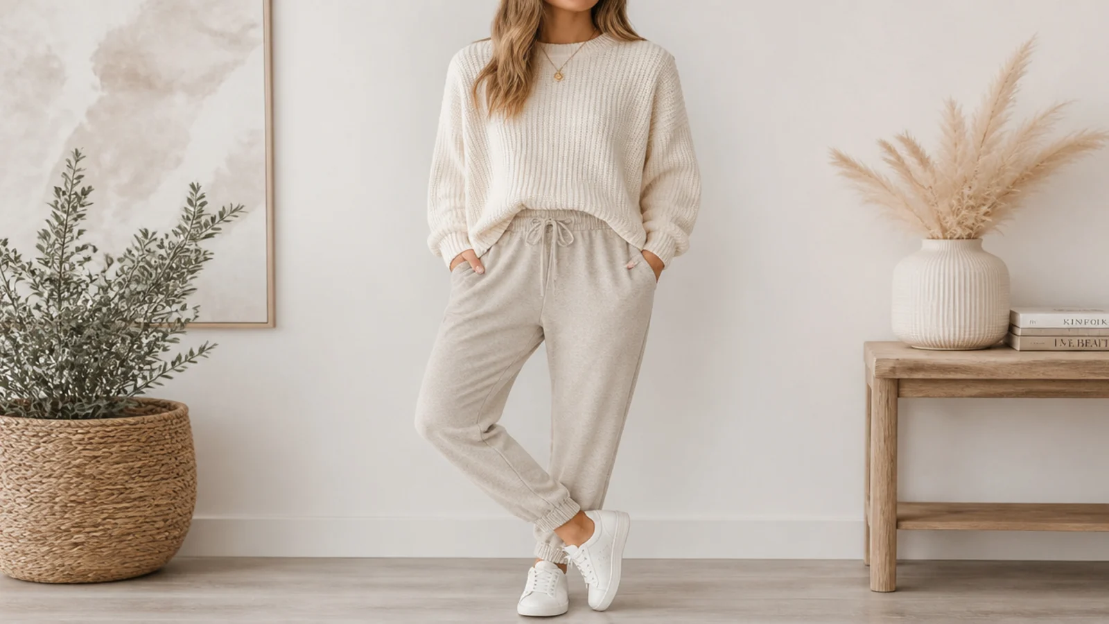Faceless beige sweatpants outfit with oatmeal joggers, a cream knit and white low-top sneakers