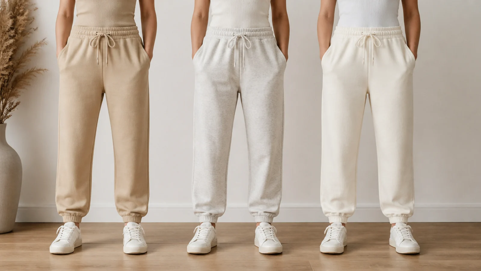 Faceless flat-lay comparing warm sand, cool oatmeal and pale cream beige sweatpants side by side