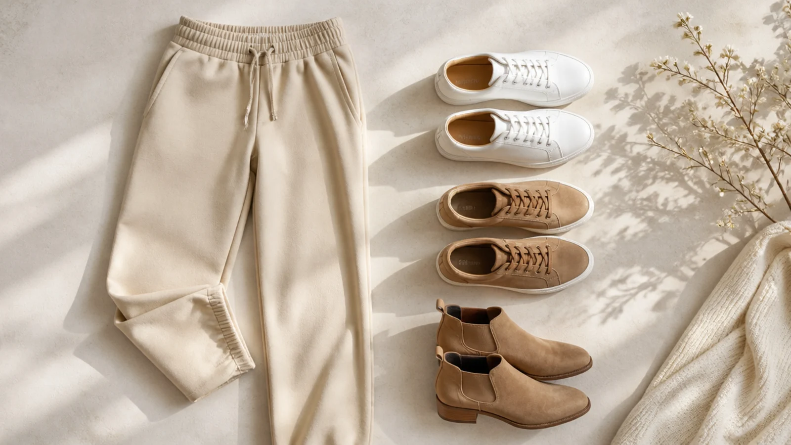 Faceless flat-lay of white leather sneakers, tan suede sneakers and tan Chelsea boots beside beige sweatpants