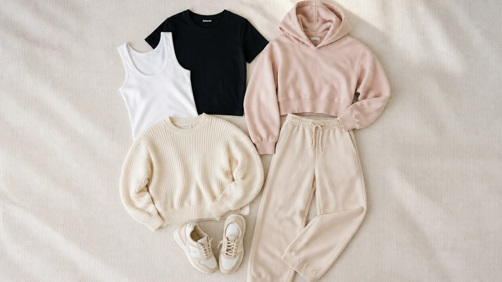 Faceless flat-lay of a white tank, a black crew tee, a cream ribbed knit and a cropped hoodie beside beige sweatpants