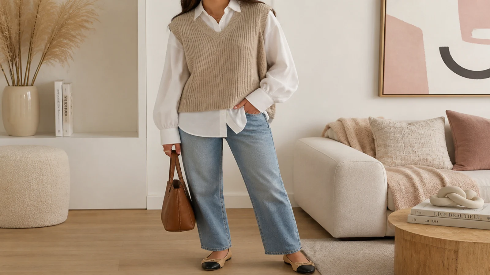 Faceless waist-up shot of a beige ribbed knit vest over a white poplin button-down with straight jeans