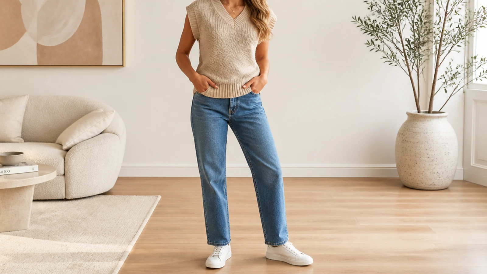 Faceless shot of an oatmeal sweater vest with mid-blue straight-leg jeans and white sneakers
