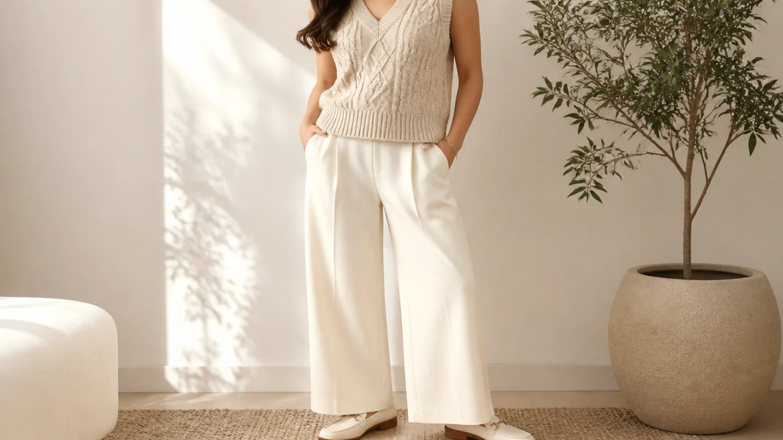 Faceless full-length shot of an oatmeal cable-knit vest with cream wide-leg trousers and loafers