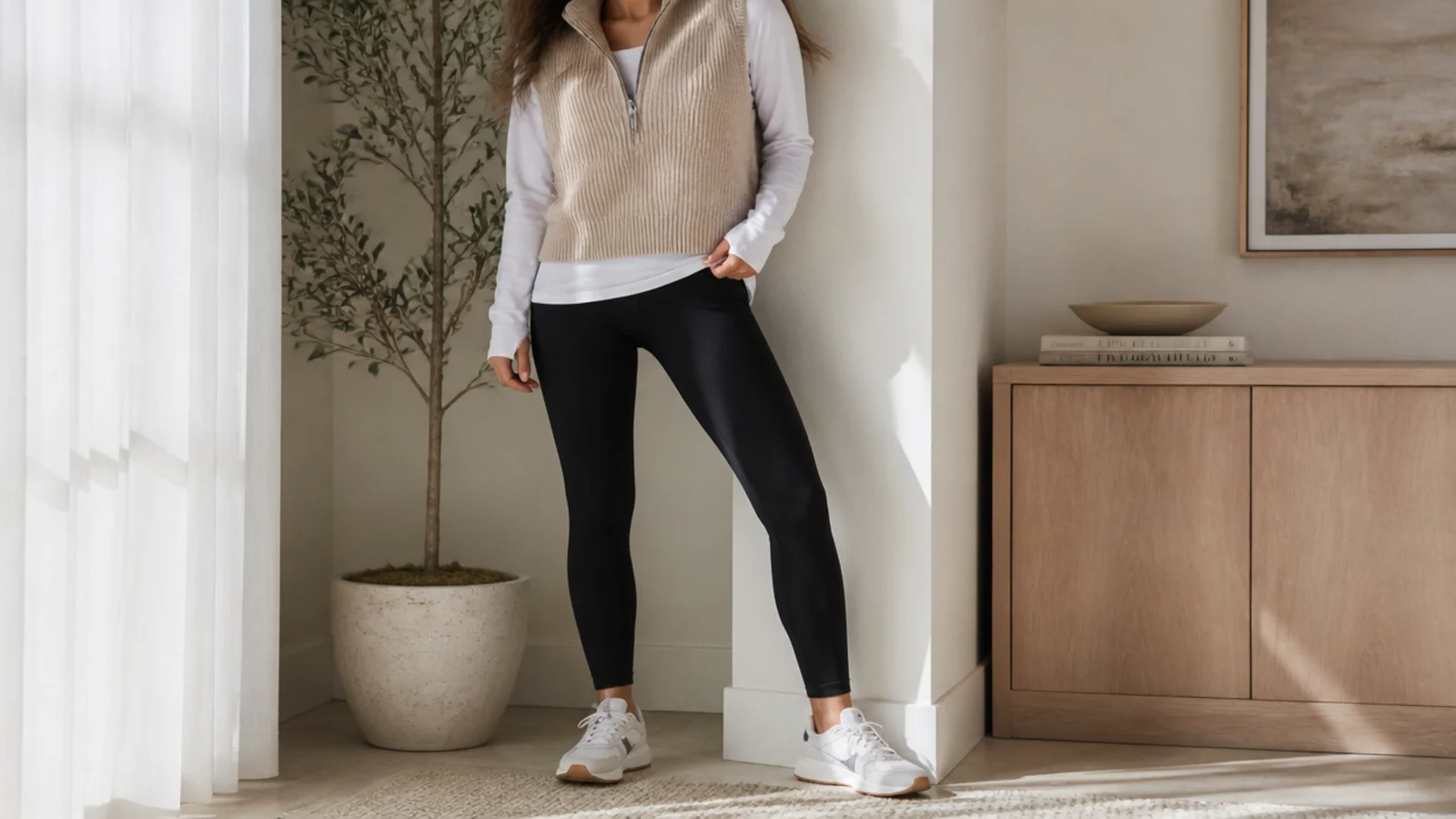 Faceless waist-up shot of a beige ribbed vest layered over a white long-sleeve tee with black leggings