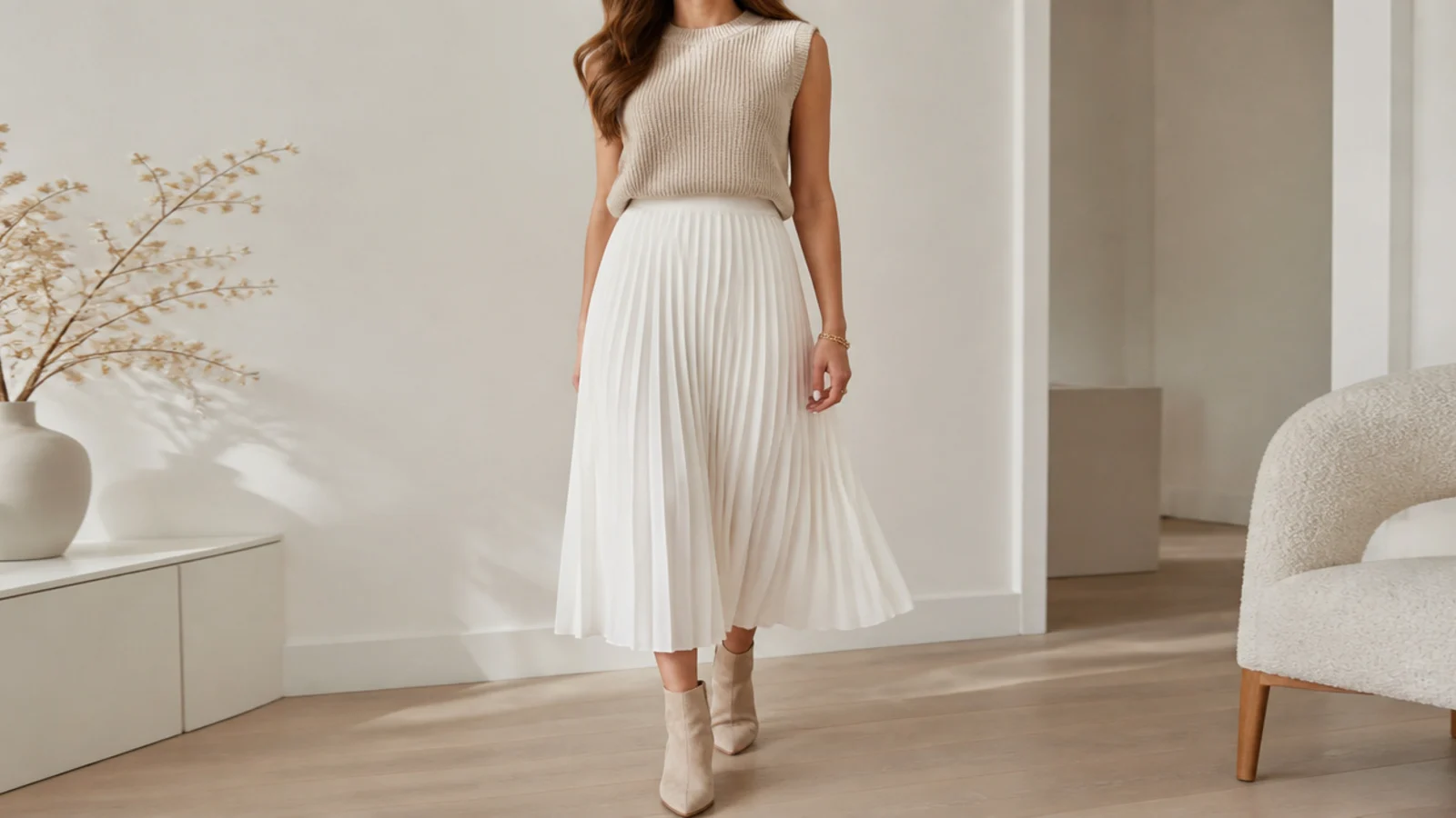 Faceless full-length shot of a sand sweater vest tucked into a white pleated midi skirt with ankle boots