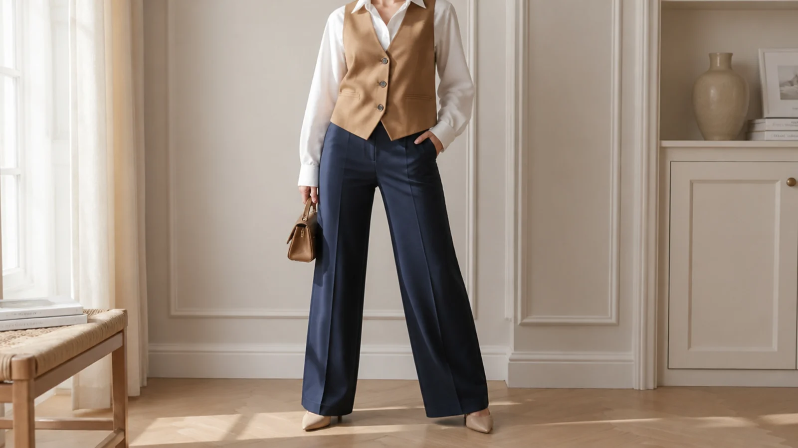 Faceless waist-up shot of a camel waistcoat over a white poplin shirt with tailored navy trousers