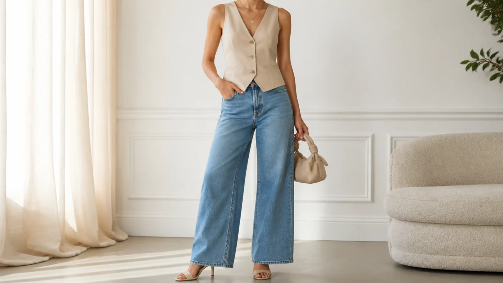 Faceless full-length shot of a beige suit vest worn as a top with mid-blue wide-leg jeans and heeled mules