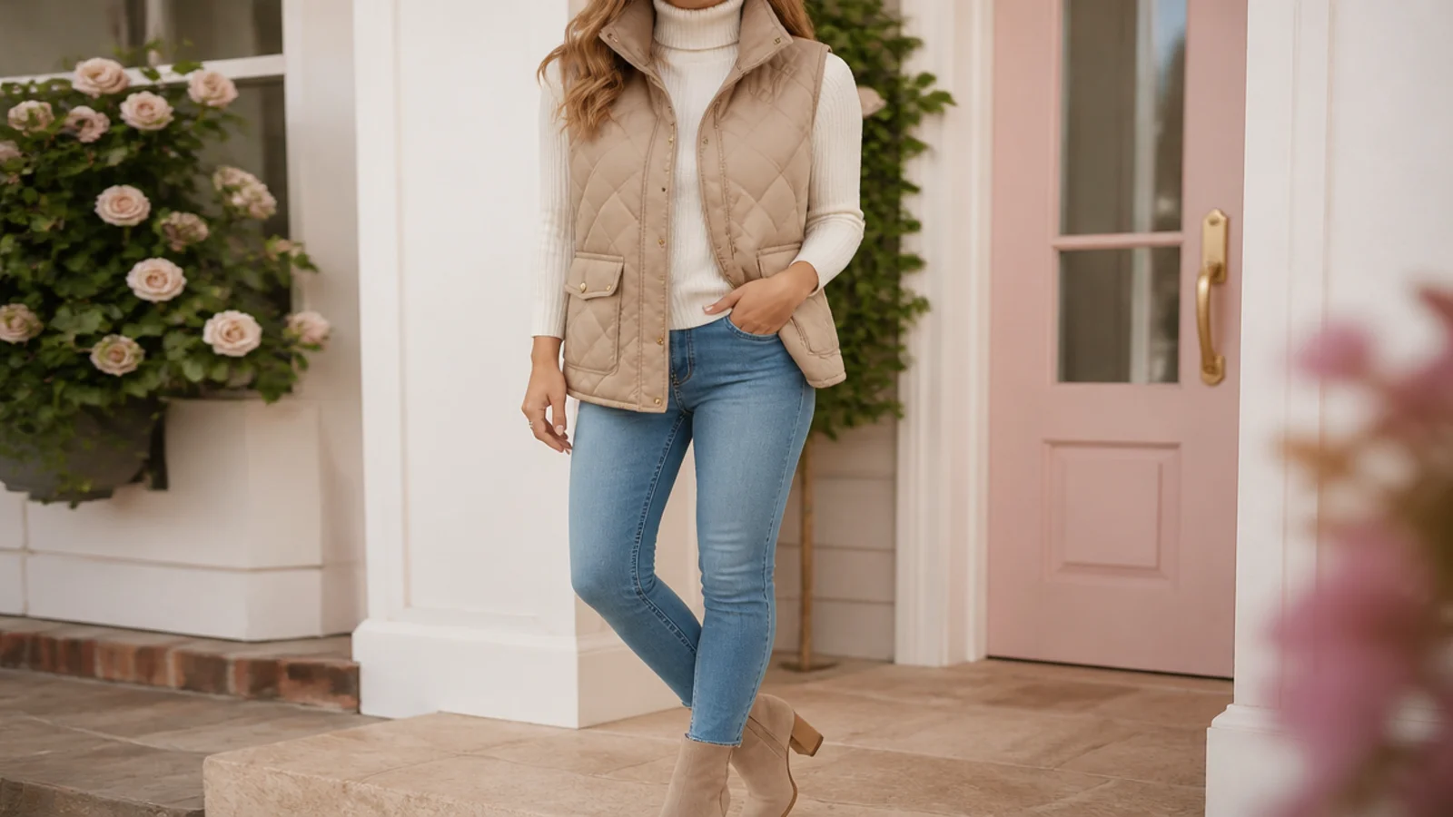 Faceless waist-up shot of a beige quilted vest over a cream fitted turtleneck with slim jeans