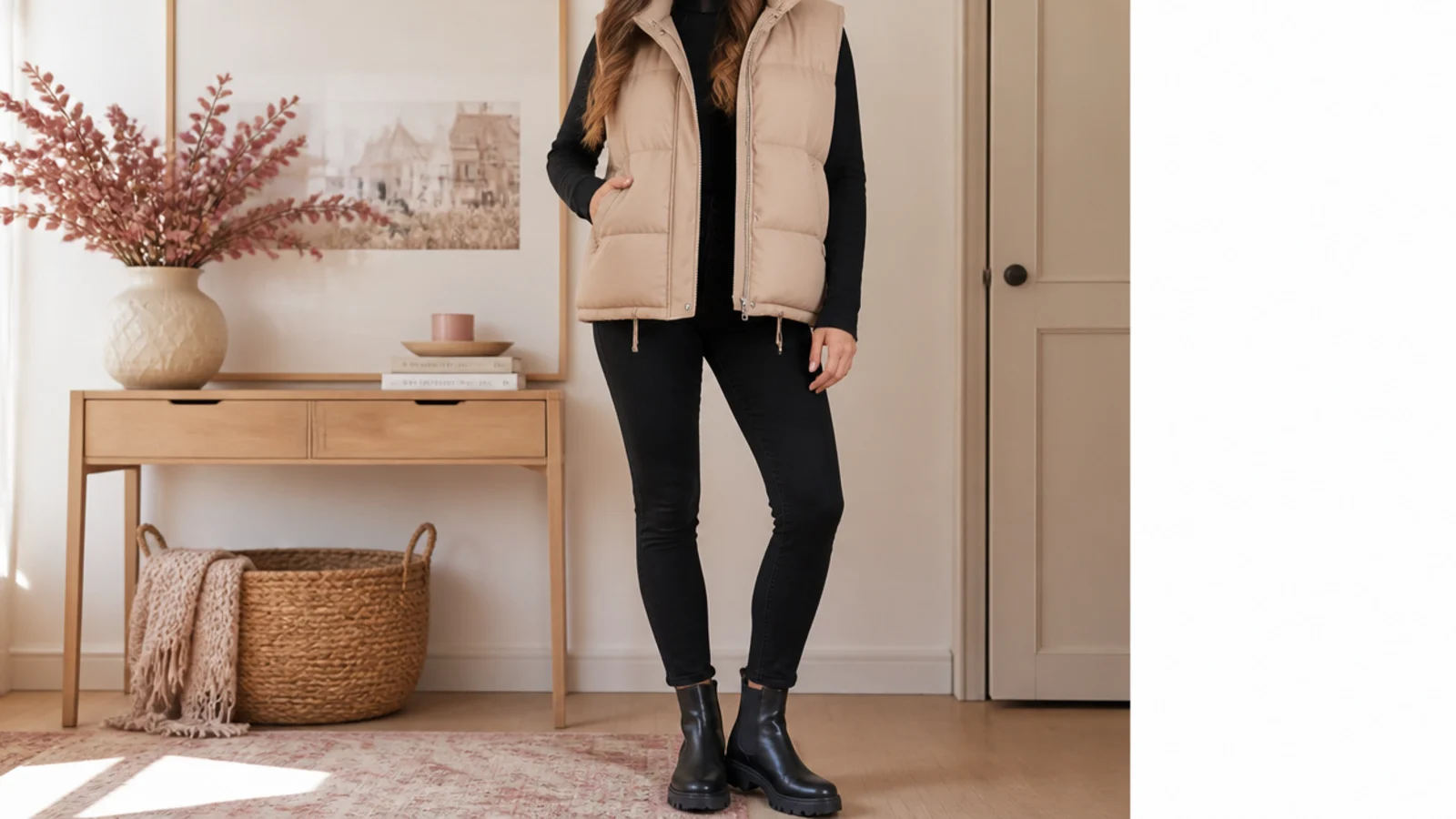 Faceless full-length shot of a sand puffer vest over a black long-sleeve top with black skinny jeans and boots