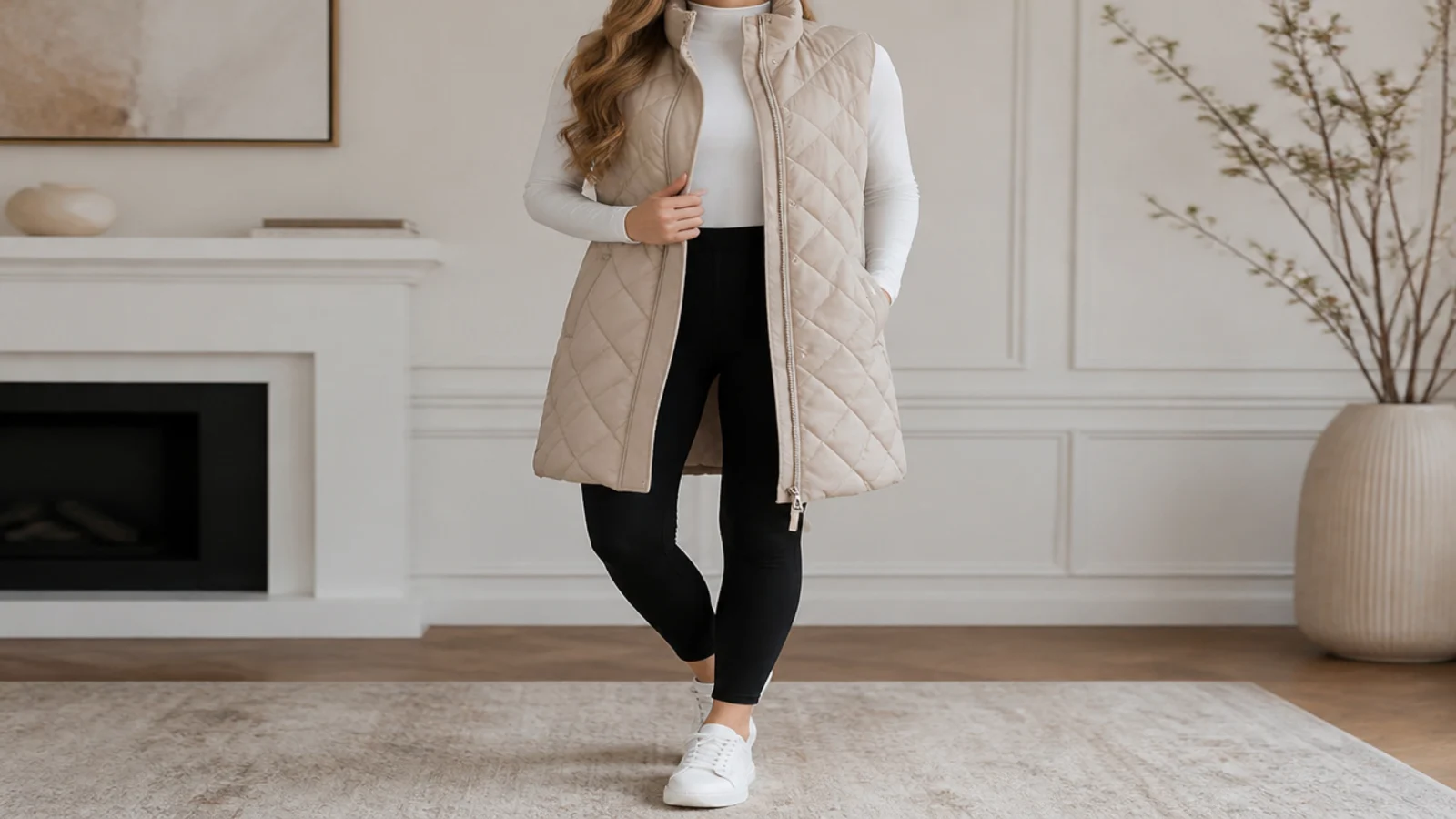 Faceless full-length shot of a beige quilted gilet over a fitted top with black leggings and white sneakers