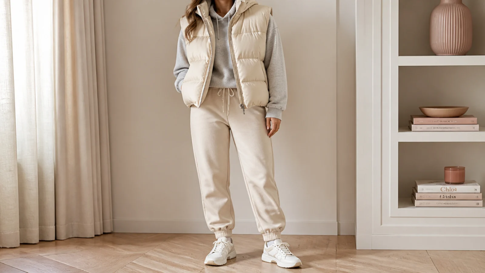 Faceless waist-up shot of an oatmeal puffer vest layered over a gray hoodie with beige joggers
