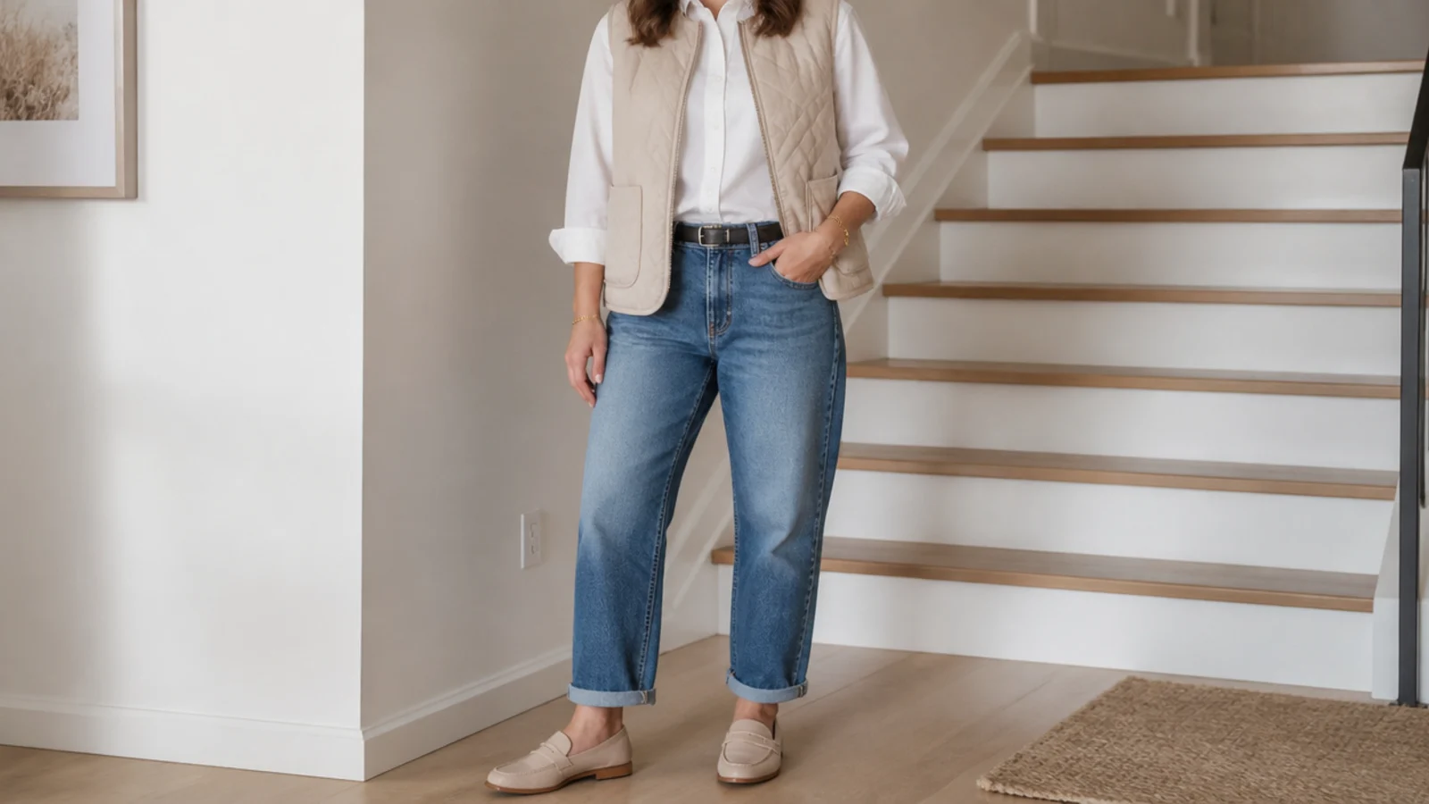 Faceless full-length shot of a beige quilted vest over a white shirt with mid-blue boyfriend jeans and loafers