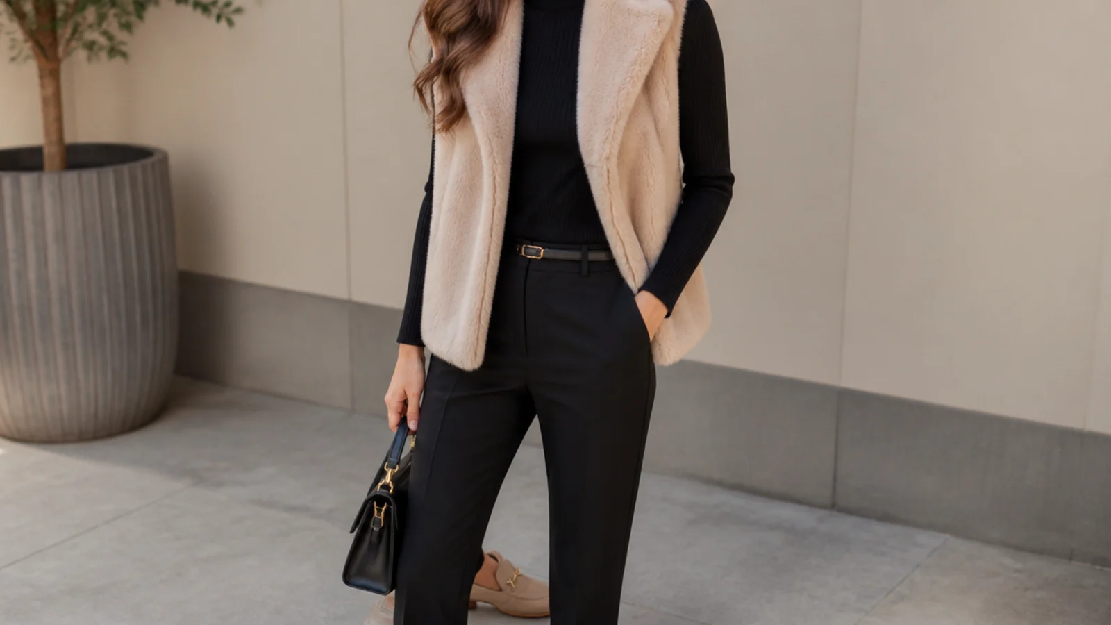 Faceless waist-up shot of a beige faux-fur vest over a fitted black turtleneck with slim trousers